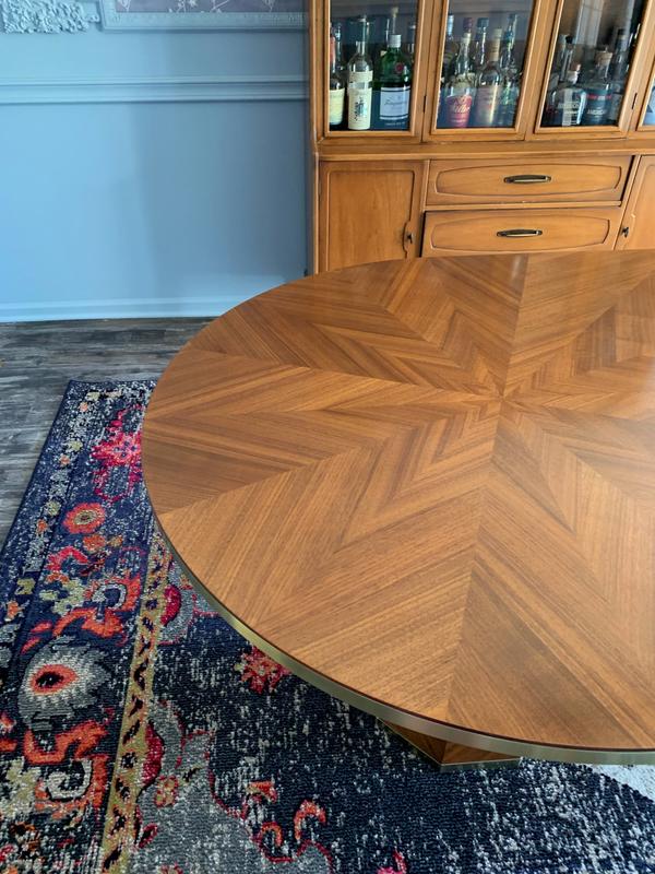 Navy & pink rug in our dining room