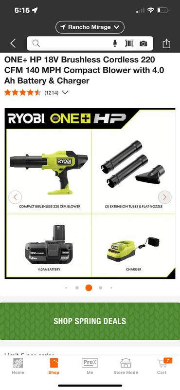 RYOBI ONE+ HP 18V Brushless Cordless 220 CFM 140 MPH Compact Blower with 4.0 Ah Battery & Charger