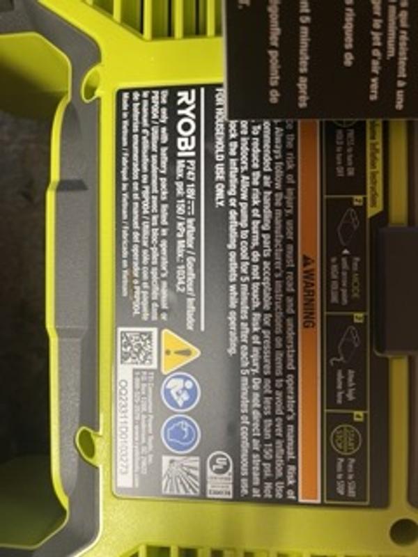 Ryobi One+ Gonfleur double fonction 18 V (outil uniquement) P747