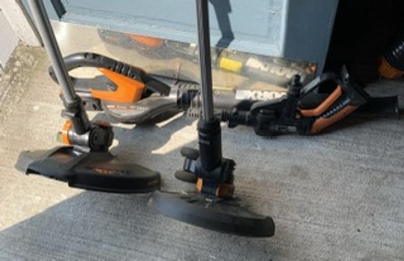2 trimmers, blower, pressure washer