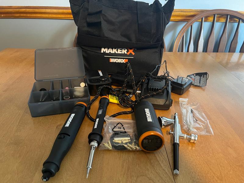 Worx MakerX 20-Volt Cordless Rotary Tool Kit w/Wood & Metal Crafter, Air  Brush, Heat Gun, Grinder, LED Light & 61 Accessories WX996L - The Home Depot