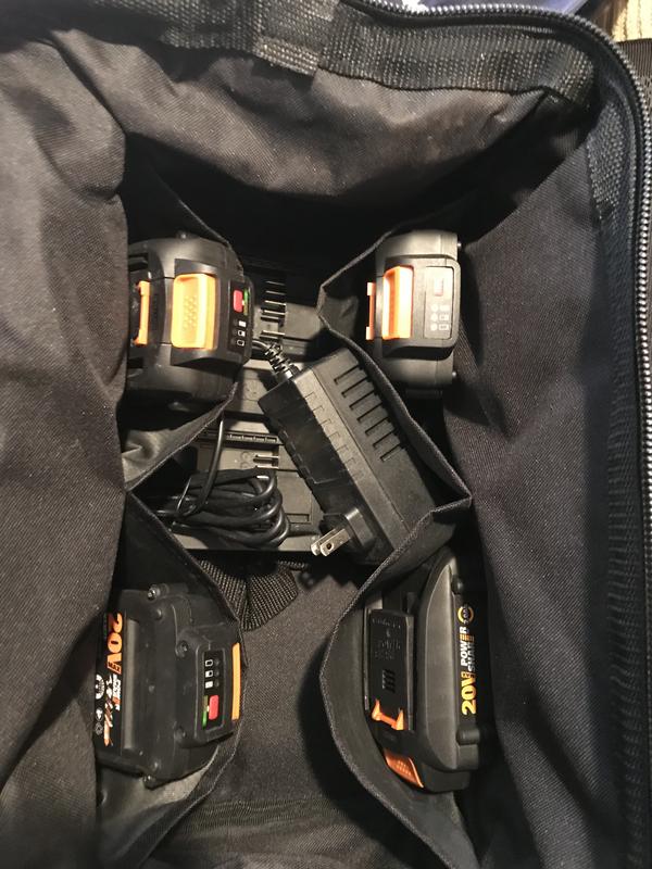 4 batteries and dual charger inside the bag.