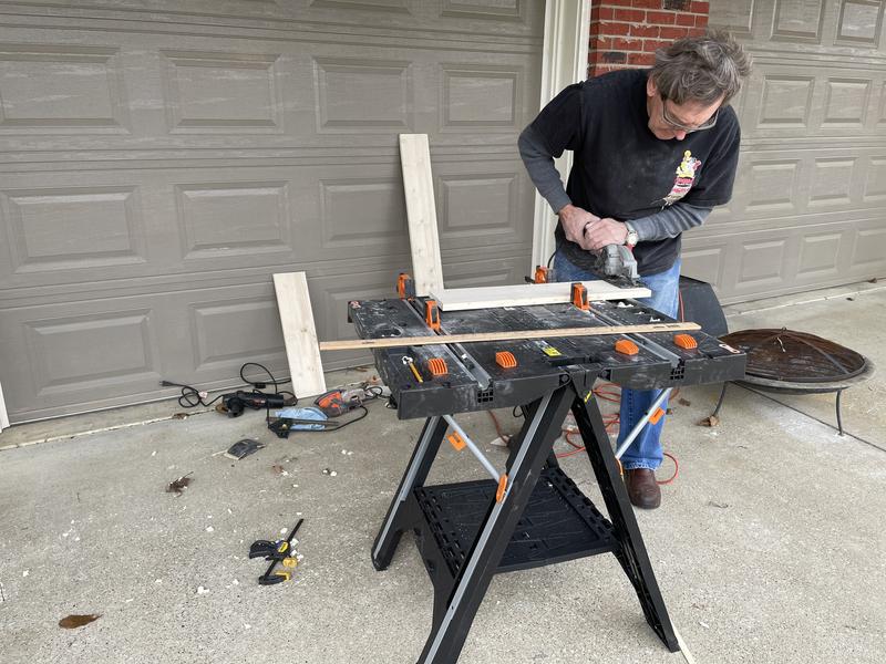 Building a coffee table - my husband like my WORX tools because they are smaller but equal to his heavy duty larger tools.  Notice the 3 WORX tools?!!  Yes the foldable worktable, the WORX Sander and the WORX Compact Circular Saw!!!