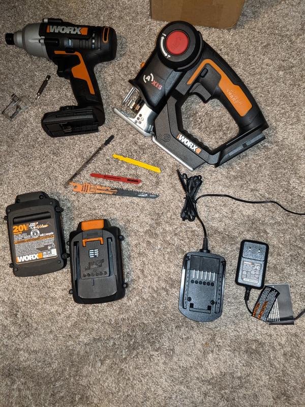 The whole bundle: Reciprocating Saw, (4) different saw blades (different uses for each), (2) 20V batteries (long battery life before charging is needed), battery charger, drill