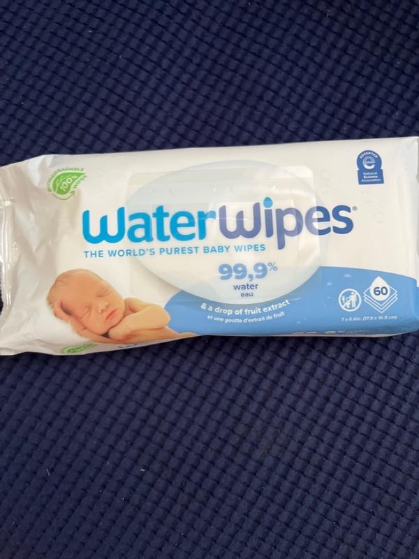 WaterWipes Plastic-Free Original Baby Wipes, 99.9% Water Based Wipes,  Unscented & Hypoallergenic for Sensitive Skin, 60 Count (1 pack), Packaging  May