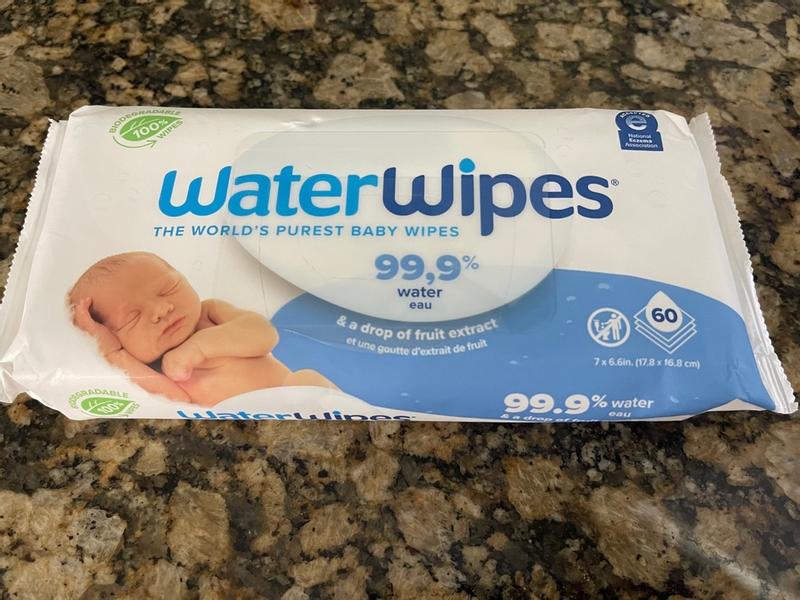 WaterWipes Plastic-Free Original Baby Wipes, 99.9% Water Based Wipes,  Unscented & Hypoallergenic for Sensitive Skin, 60 Count (1 pack), Packaging  May Vary