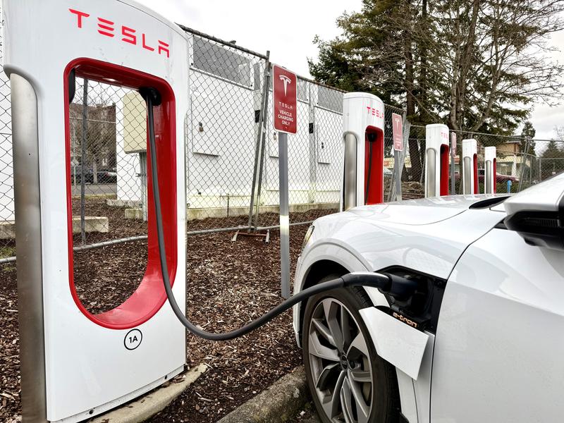 My Audi etron plugged to Tesla Supercharger!