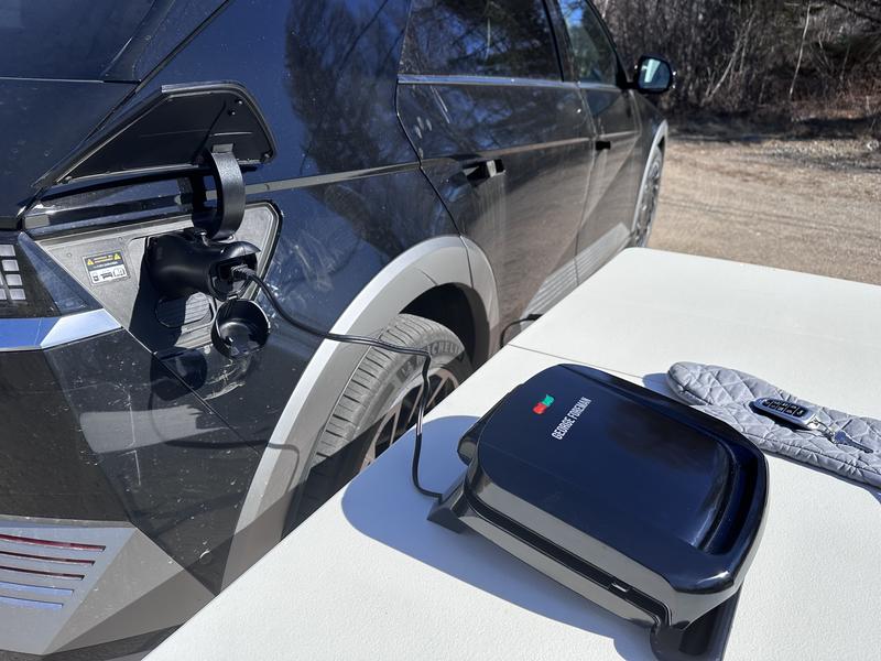 V2L Adaptor plugged into my Ioniq 5.  George Foreman Grill was ready to cook in 5 minutes
