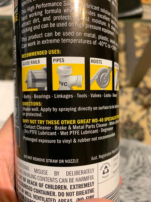 Can of WD-40 Silicon stating “prolonged exposure to vinyl & rubber not recommended”