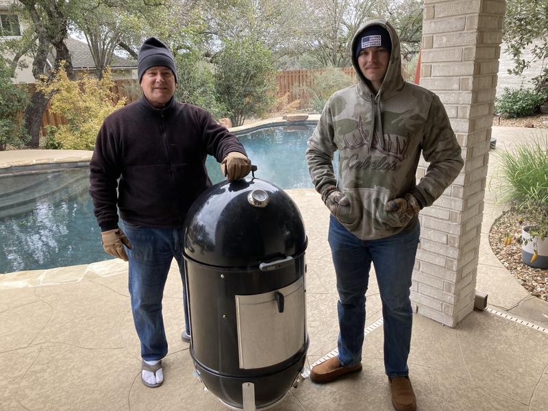 My son and I smokin a Boston butt to make pulled pork tacos!