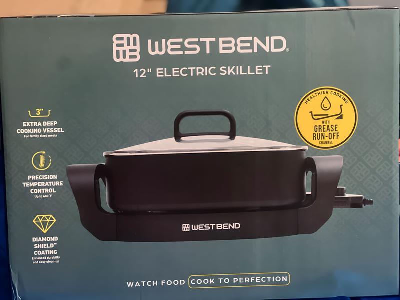 West Bend 12in Square. 3-in Deep Family-Sized Electric Skillet with Diamond  Shield Scratch-Resistant, Non-Stick Coating, Gray