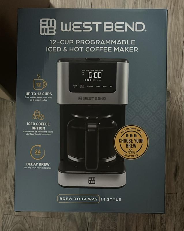 West Bend Drip Coffee Maker Brews Hot or Iced, Programmable with Brew  Strength Selector Auto Shut-Off and 6 Functions Permanent Mesh Filter and  Glass