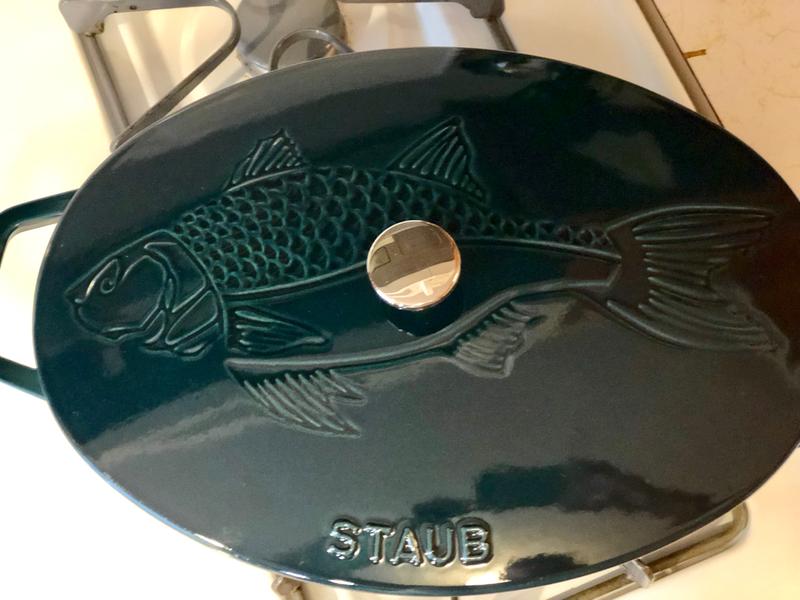 Staub Cast-Iron Oval Gratin Dish with Sea Bass Embossed Lid