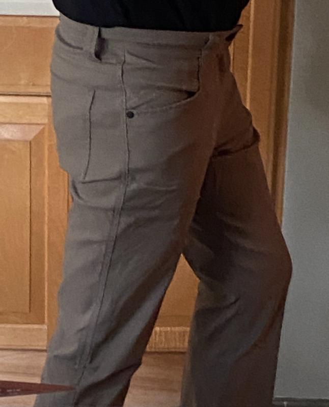 5' 9 1/2", 165lbs, size 32/30. Good stretch. Waist stretches a little too much but overall good fit. Not TOO technical-looking.