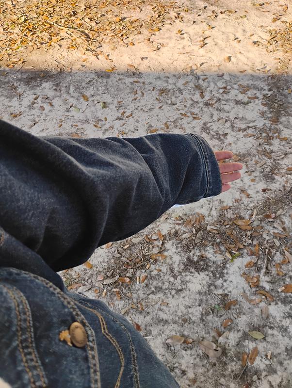 The sleeve is 5 inches too long. Maybe even a little bit longer because it's a little baggy in the arm