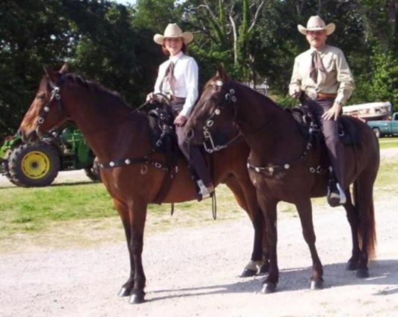 My wife and I ready for Parade Time. Notice the matching Ranchwear Slacks.
