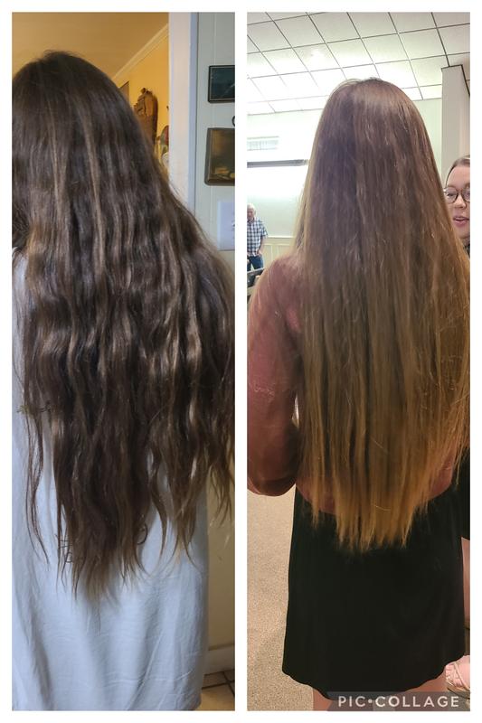 Before and after straightening her hair.