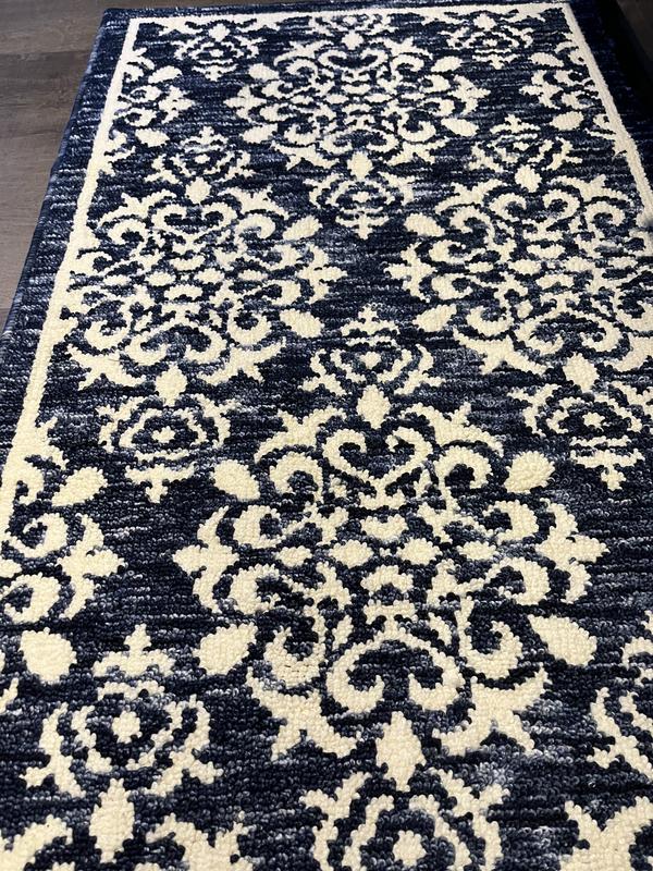 Town & Country Living Everyday Walker Damask Medallion Navy Blue 24 in. x 72 in. Machine Washable Runner Kitchen Mat