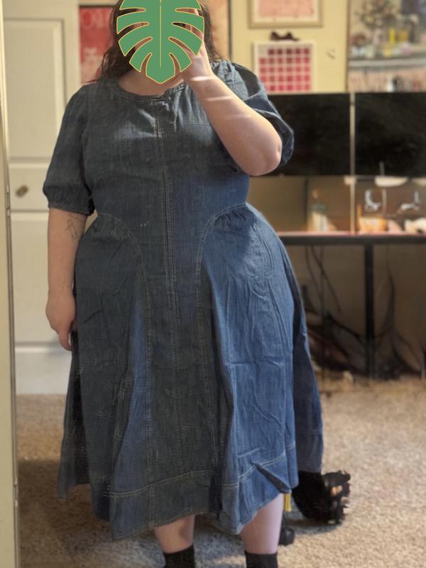 Plus Size - Puff-Sleeve Tea-Length Denim Dress - Torrid