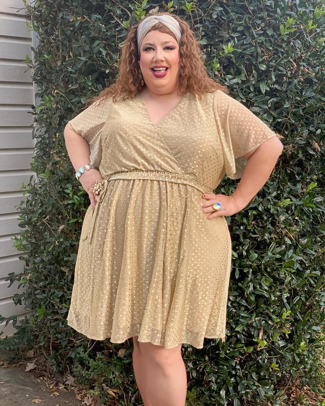 TORRID Dress Glittery Gold Luxury Nylon Surplice Tie Plus Size 2