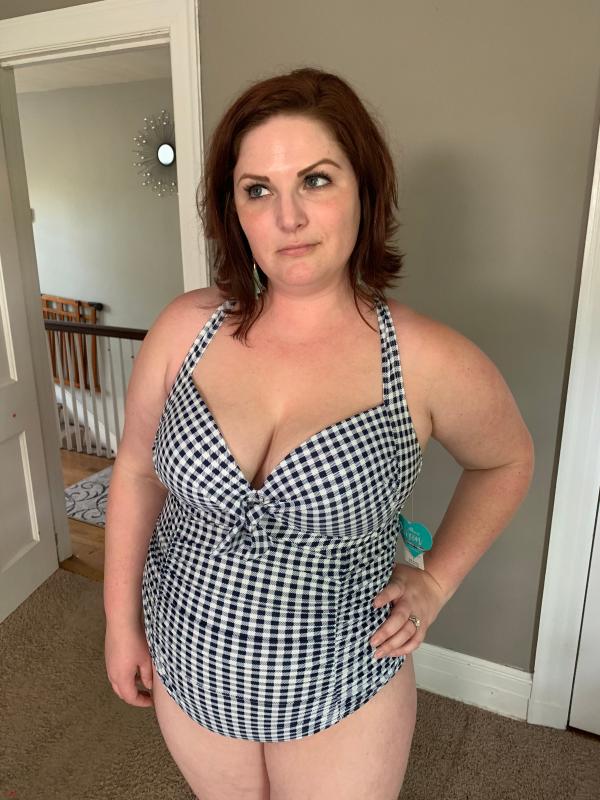 Plus Size Navy Gingham Tie Front Wireless Ruched One Piece Swimsuit Torrid