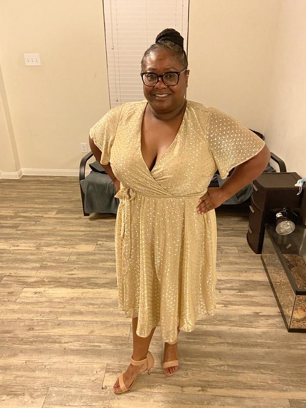 Plus Size - Gold Metallic Polka Dot Mesh Wrap Dress - Torrid