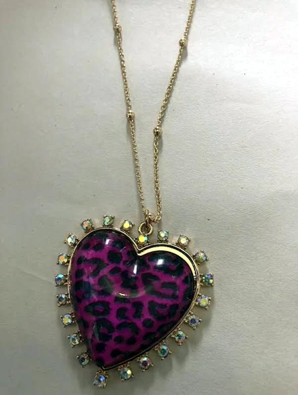 Plus Size - Betsey Johnson Pink Leopard Heart Pendant Necklace