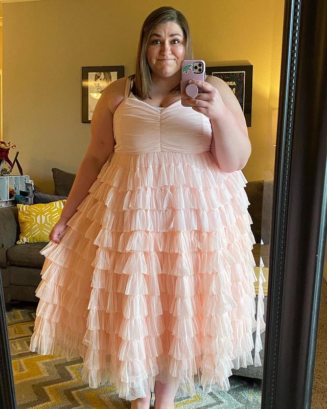 Plus Size Special Occasion Peach Pink Mesh Tiered Ruffle Midi