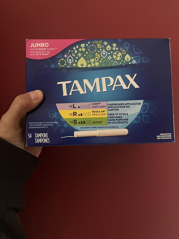 Tampax Cardboard Tampons Super Absorbency, Anti-Slip Grip, LeakGuard Skirt,  Unscented, 40 Count