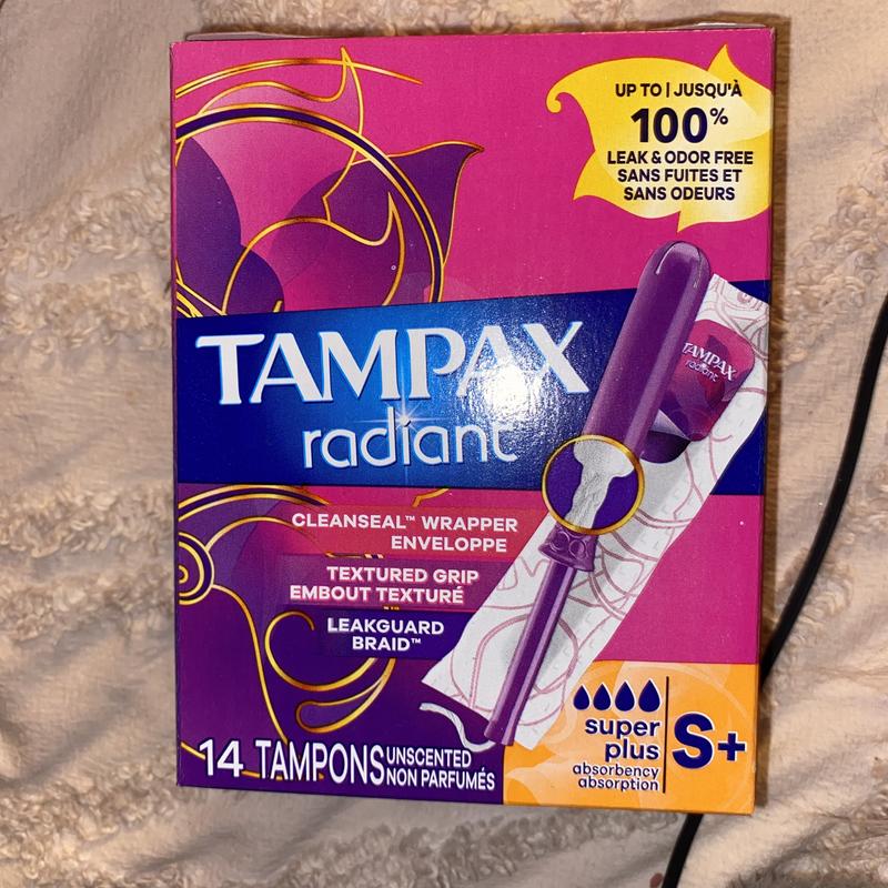 Tampax Radiant Tampons with LeakGuard Braid, Super Plus Absorbency,  Unscented, 28 Count