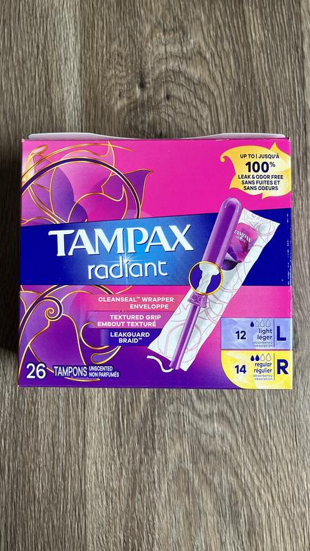 Tampax Radiant Tampons Duo Pack with Leak Guard Braid, Light/Regular  Absorbency, 26 Ct 