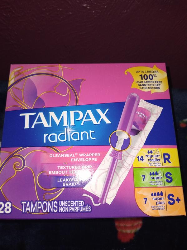 Tampax Radiant Tampons Trio Pack, Regular/Super/Super Plus Absorbency with  BPA-Free Plastic Applicator and LeakGuard Braid, Unscented, 28 Count