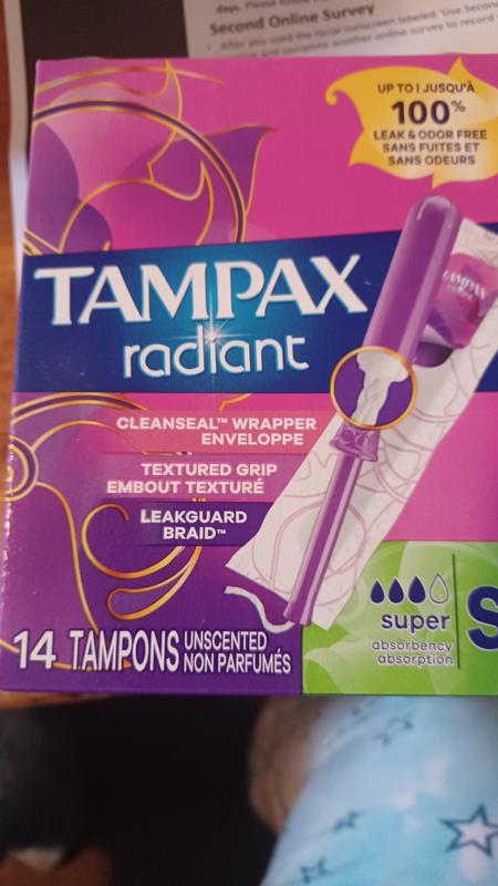 Tampax Radiant Tampons Duo Pack with LeakGuard Braid, Regular/Super  Absorbency, Unscented, 38 Count 