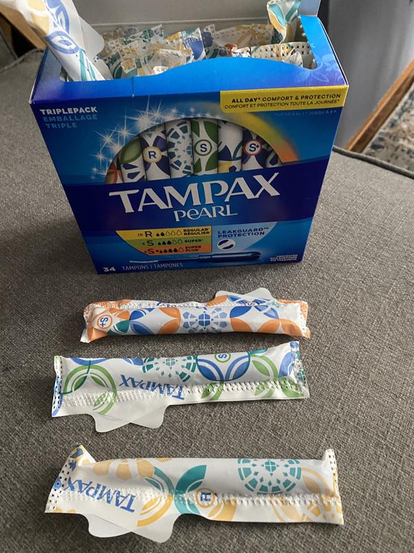 Tampax Pearl Tampons Trio Multipack, with LeakGuard Braid, Super/Super Plus/ Ultra Absorbency, Unscented, 34 Count