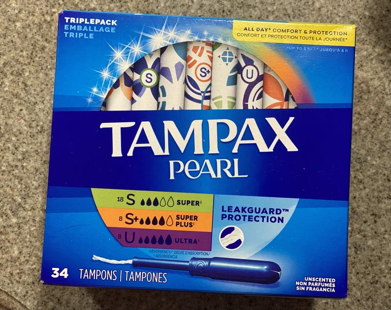Tampax Pearl Tampons Super Plus Absorbency with BPA-Free Plastic Applicator  and LeakGuard Braid, Unscented, 36 Count