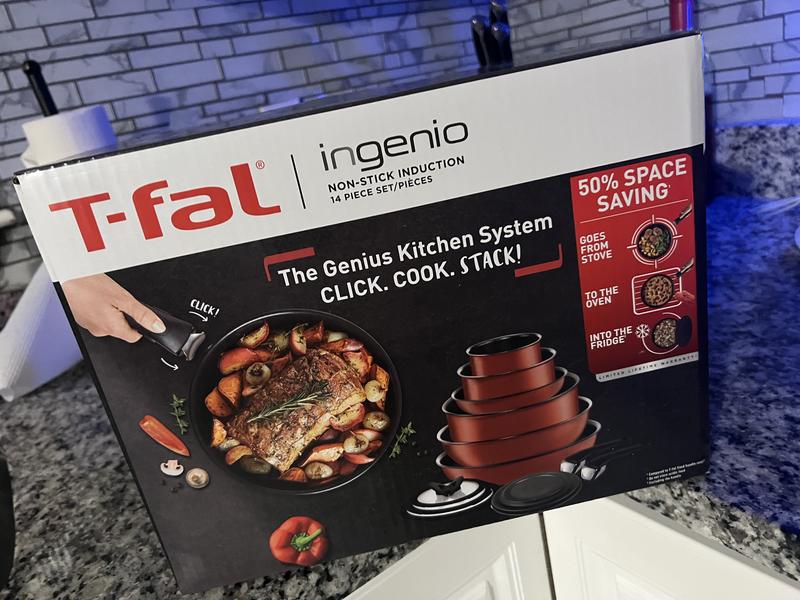 T-FAL T-fal Ingenio The Genius Cooking System, Platinum Non-Stick, 14 Pc  Cookware Set, Cobalt Blue L816SE74