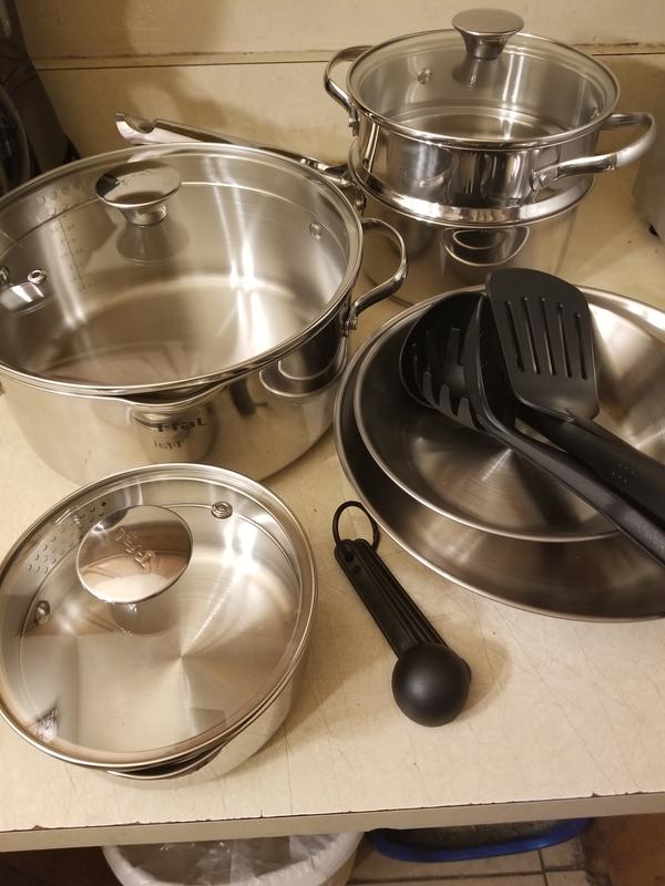 T-fal Cook & Strain Stainless Steel Cookware Set, 14 Piece Set, Dishwasher  Safe 