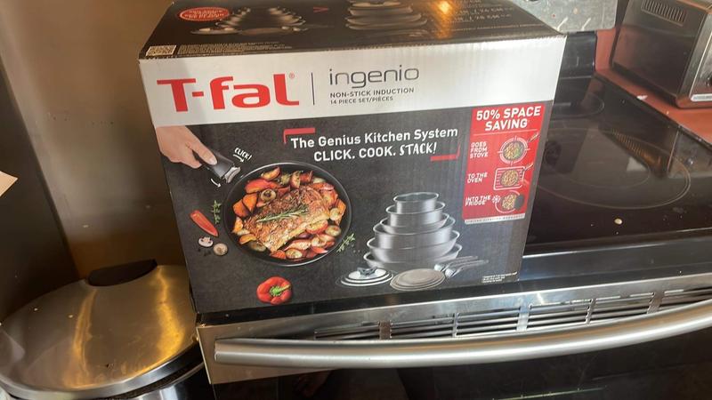 T-FAL T-fal Ingenio The Genius Cooking System, Platinum Non-Stick, 14 Pc  Cookware Set, Smoke Grey L817SE74