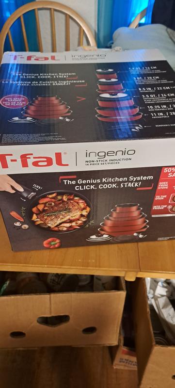 T-FAL T-fal Ingenio The Genius Cooking System, Platinum Non-Stick, 14 Pc Cookware  Set, Cherry Red L818SE74