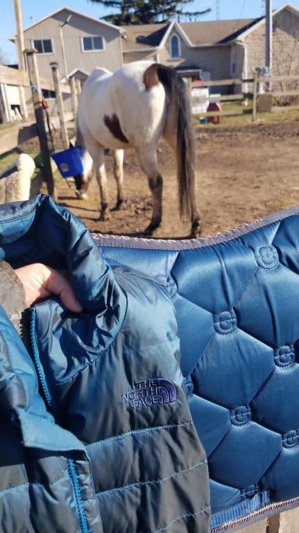 Customer photo for "Helps keep me warm in Canada at the barn in the winter"