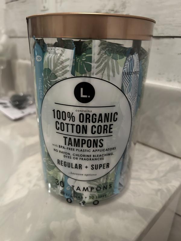  L. Organic Cotton Tampons Multipack, Regular/Super Absorbency,  Free From Chlorine Bleaching Pesticides Fragrances Or Dyes, Bpa-Free  Plastic Applicator, 30 Count X 2 Packs (60 Count Total) : Health & Household