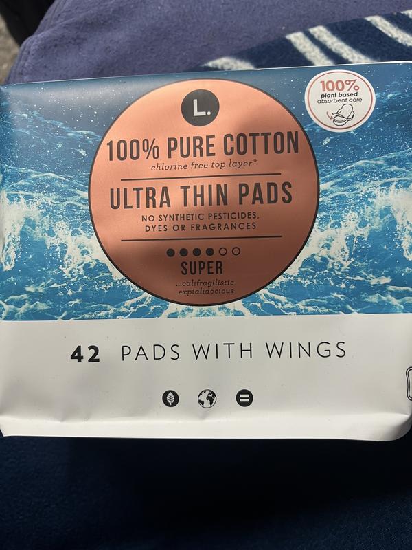 L. Chlorine Free Ultra Thin Pads, with Wings, Organic Top Sheet Unscented,  Super Absorbency