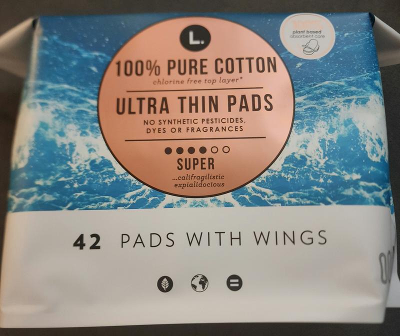 L. Pure Cotton Topsheet Pads for Women, Super Absorbency, Ultra Thin Pads  with Wings, Unscented Menstrual Pads, 56 Count x 2 Packs (112 Count Total)