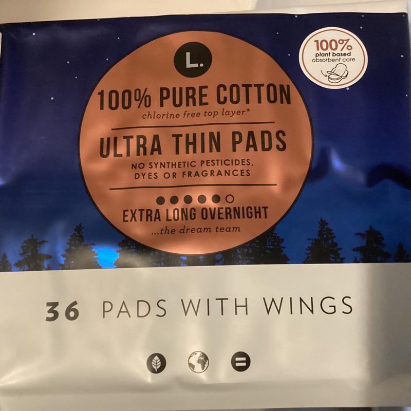 L. Pads, Extra Long, Overnight, 100% Pure Cotton