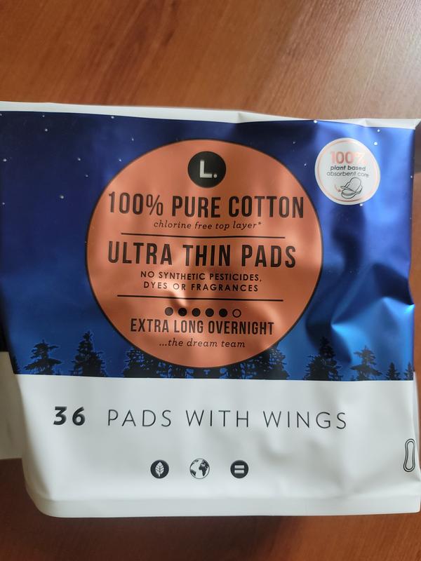 L. Ultra Thin Pads for Women, Overnight Absorbency, 100% Pure Cotton Top  Layer, Unscented Pads with Wings, 36 CT
