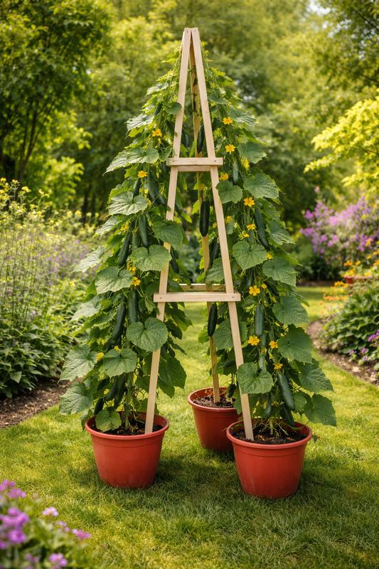 Absolutely stunning tomato A-frame trellises made from stakes. These plants are loaded with ripe fruits, vegetables and flowers growing beautifully on this sturdy ladder support. Such a space-saving and eye-catching addition to the garden.