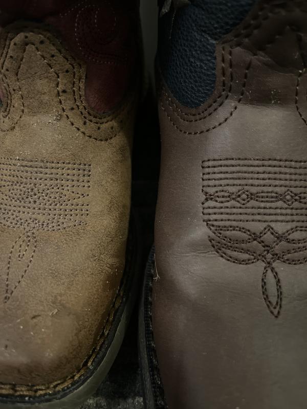 Left side boot is previously purchased Durango boot, right side is current boot. Leather looks fake.