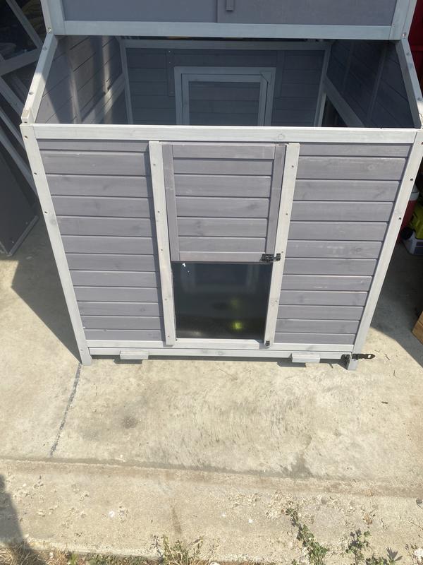 Top roof panel left off to increase ventilation. Side door screws shut as it is against a wall and not needed. (Open in picture- later modified) No nesting boxes - wire mess top section for additional ventilation (not shown)