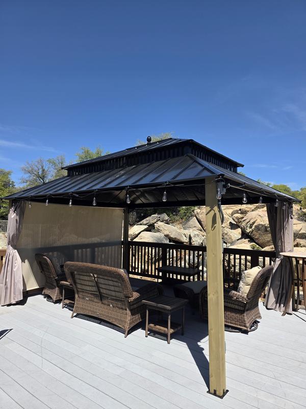 Completed Gazebo before low-end, off color curtains removed. Our supplied 10ft sunshade attached.