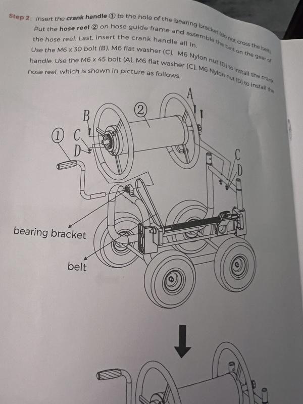 The bearing bracket was already attached out of the box. When setting in the spindle you have to attach the belt to the gear of the hose reel but the belt was to short.